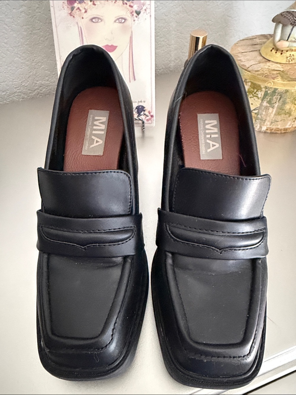 MIA Black Square-Toe Penny Loafers with Brown Insole